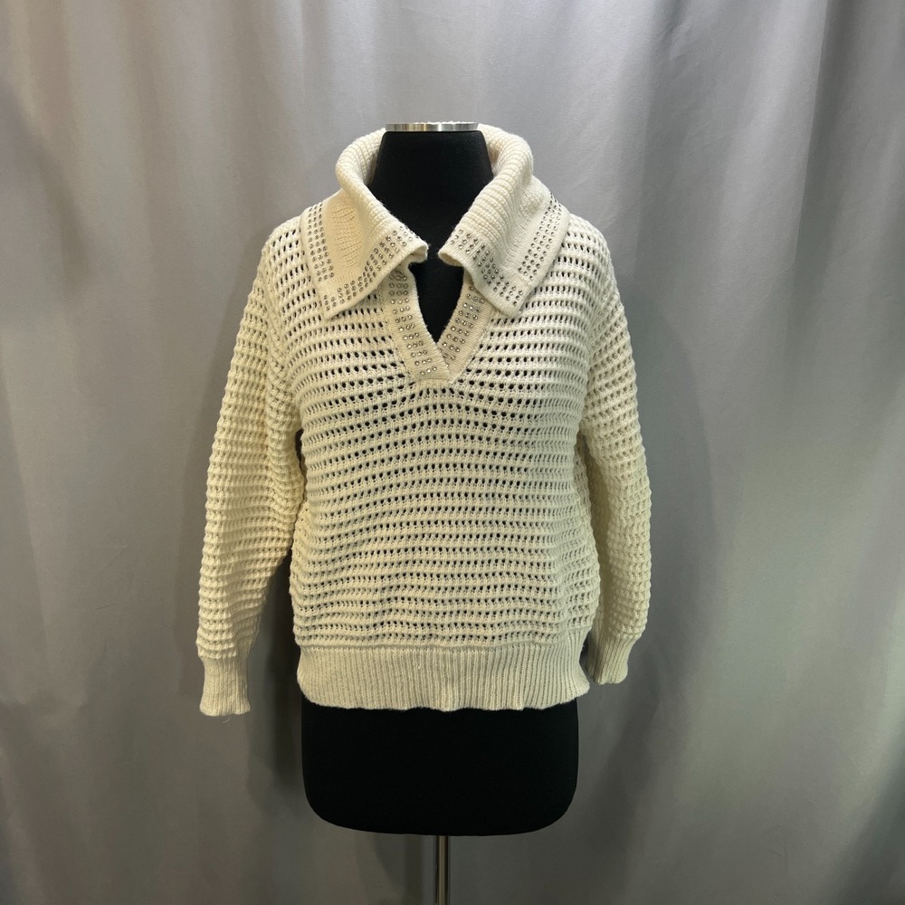 Rain Crochet Sweater Womens M Beige Open Stitch Waffle Knit Rhinestone Collar